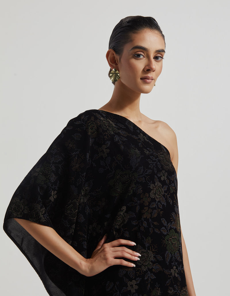 Black One Shoulder Velveteen Dress In Floral Hand Block Print