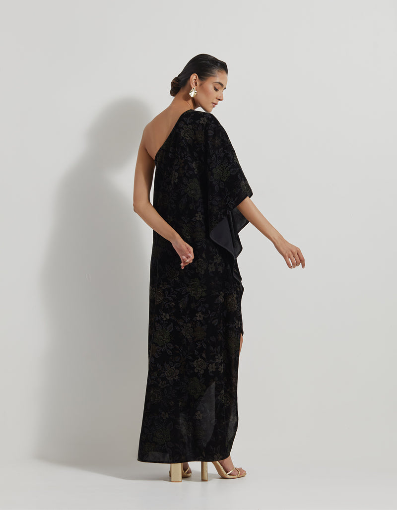 Black One Shoulder Velveteen Dress In Floral Hand Block Print