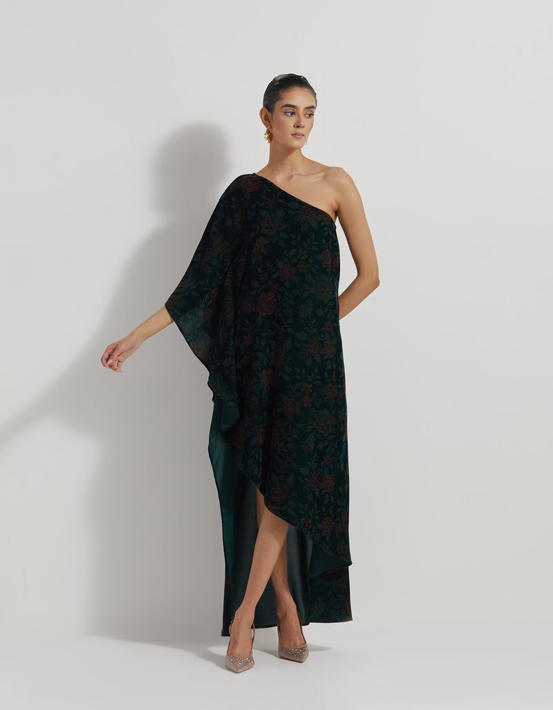 Bottle Green One Shoulder Velveteen Dress In Floral Hand Block Print