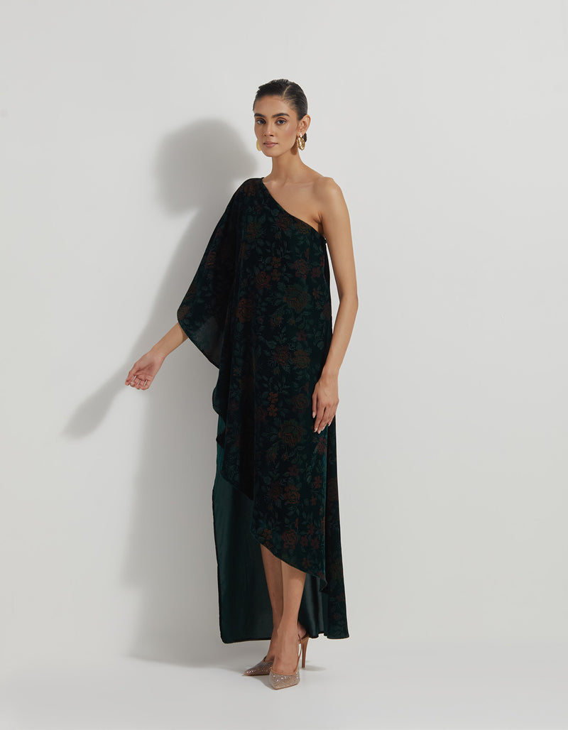 Bottle Green One Shoulder Velveteen Dress In Floral Hand Block Print