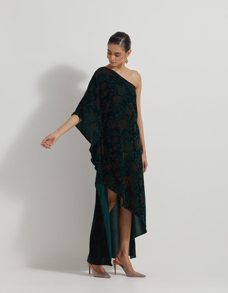 Bottle Green One Shoulder Velveteen Dress In Floral Hand Block Print