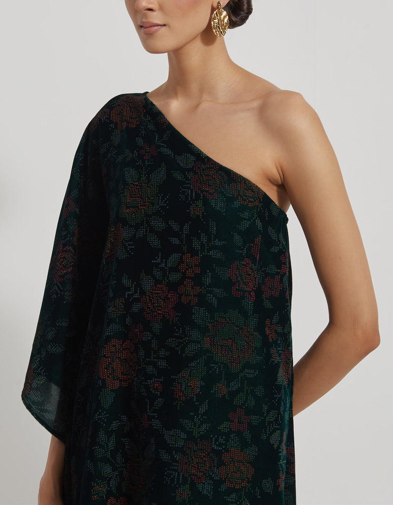 Bottle Green One Shoulder Velveteen Dress In Floral Hand Block Print