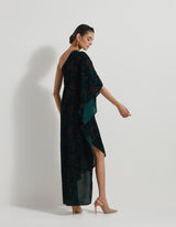 Bottle Green One Shoulder Velveteen Dress In Floral Hand Block Print