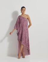 Lavendar One Shoulder Velveteen Dress In Floral Hand Block Print