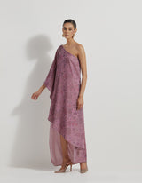 Lavendar One Shoulder Velveteen Dress In Floral Hand Block Print