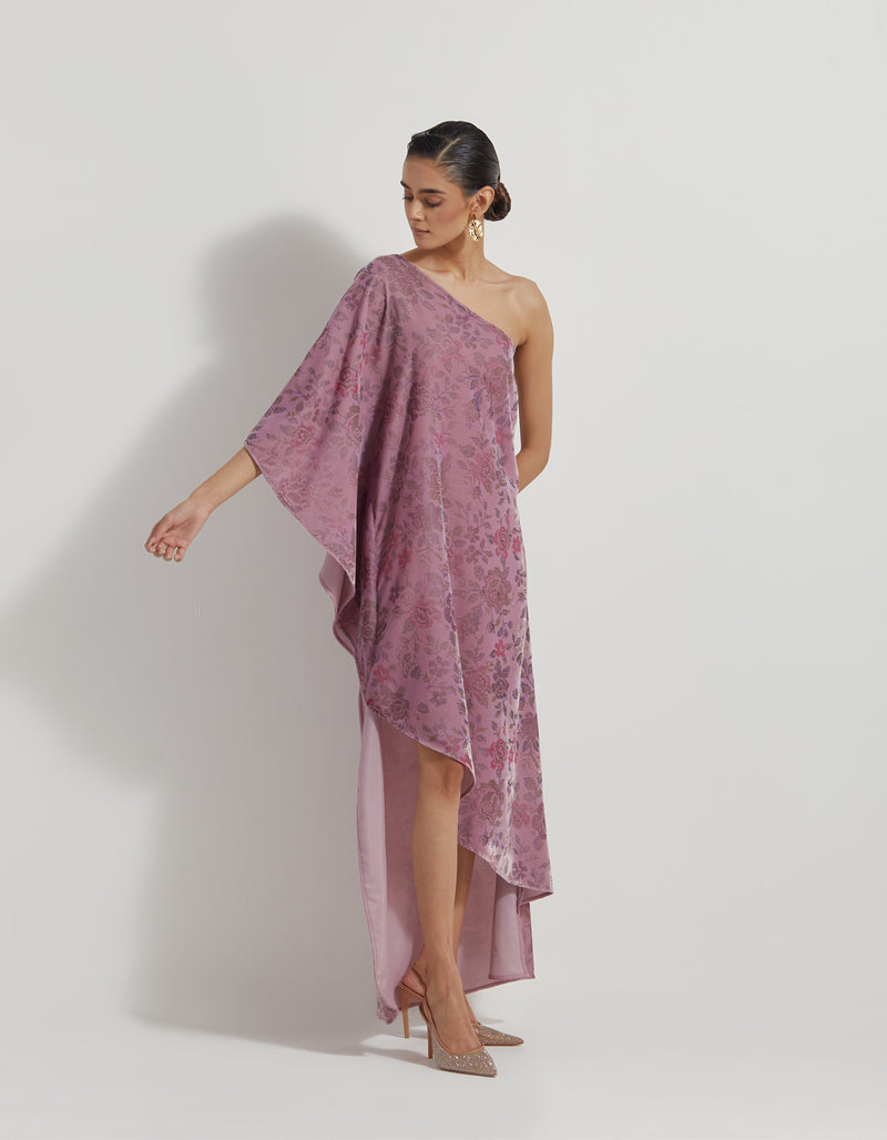 Lavendar One Shoulder Velveteen Dress In Floral Hand Block Print