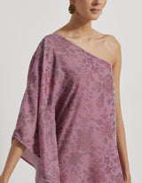 Lavendar One Shoulder Velveteen Dress In Floral Hand Block Print