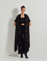 Black Velveteen Hand Block Printed Cape Paired With Drape Skirt And Stretch Ruched Blouse