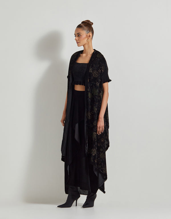 Black Velveteen Hand Block Printed Cape Paired With Drape Skirt And Stretch Ruched Blouse