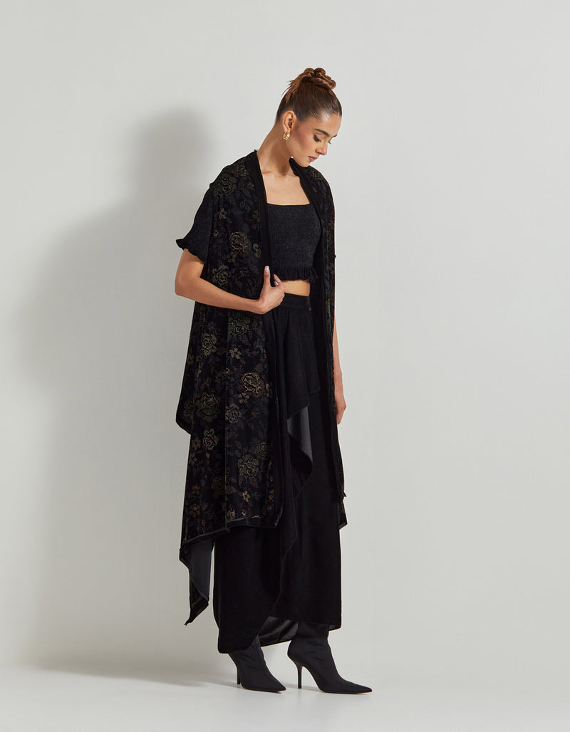 Black Velveteen Hand Block Printed Cape Paired With Drape Skirt And Stretch Ruched Blouse