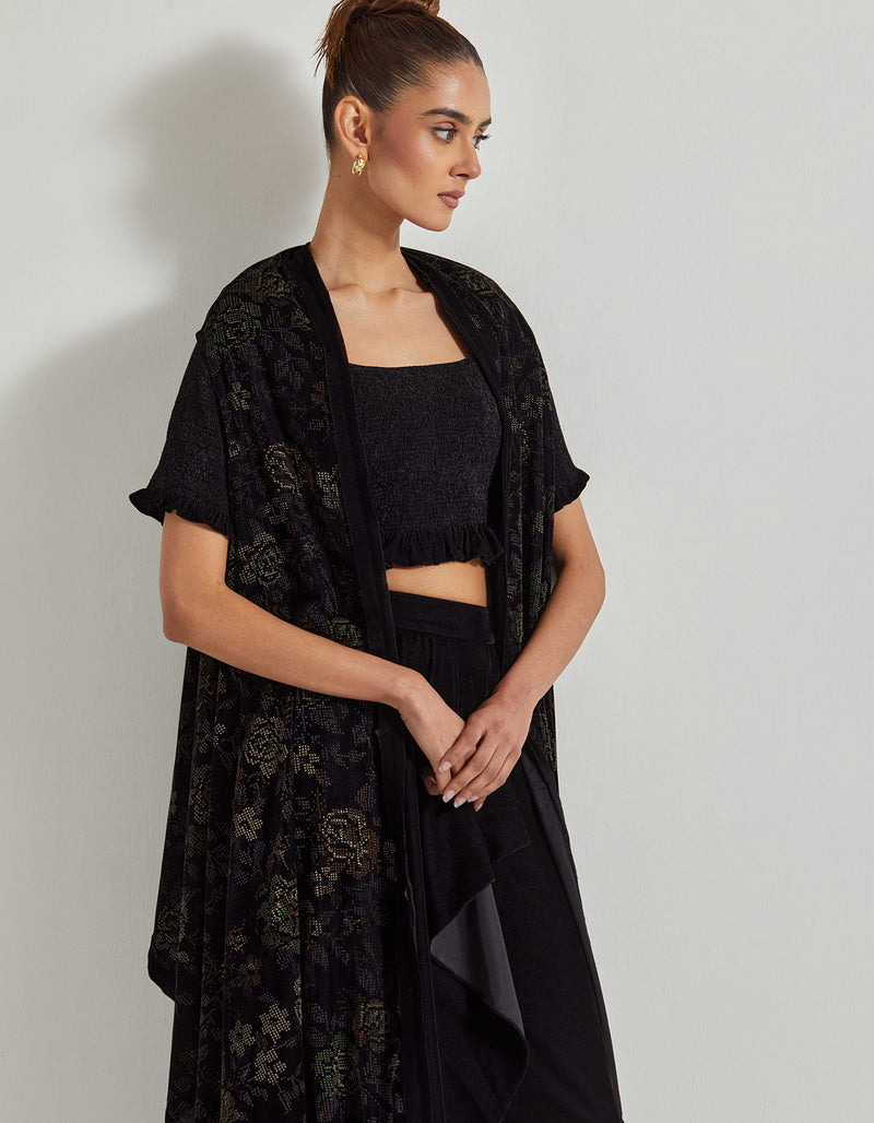 Black Velveteen Hand Block Printed Cape Paired With Drape Skirt And Stretch Ruched Blouse