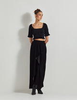 Black Velveteen Hand Block Printed Cape Paired With Drape Skirt And Stretch Ruched Blouse