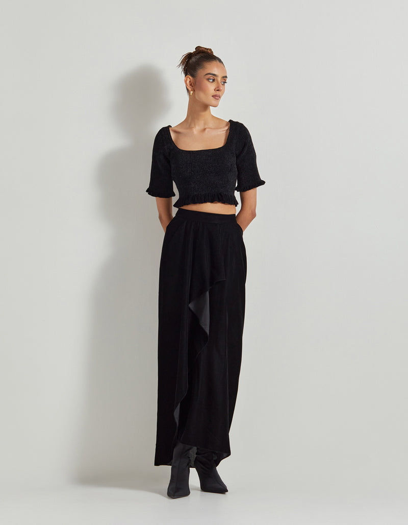 Black Velveteen Hand Block Printed Cape Paired With Drape Skirt And Stretch Ruched Blouse