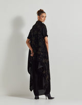 Black Velveteen Hand Block Printed Cape Paired With Drape Skirt And Stretch Ruched Blouse