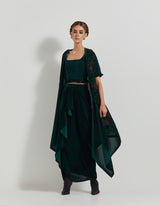 Bottle Green Velveteen Hand Block Printed Cape Paired With Drape Skirt And Stretch Ruched Blouse