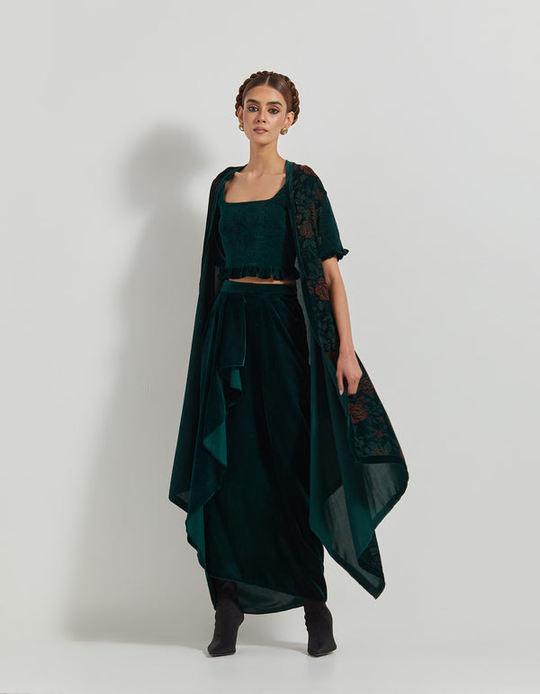 Bottle Green Velveteen Hand Block Printed Cape Paired With Drape Skirt And Stretch Ruched Blouse