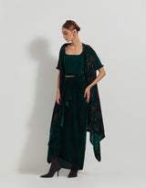 Bottle Green Velveteen Hand Block Printed Cape Paired With Drape Skirt And Stretch Ruched Blouse