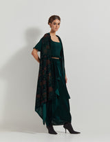 Bottle Green Velveteen Hand Block Printed Cape Paired With Drape Skirt And Stretch Ruched Blouse