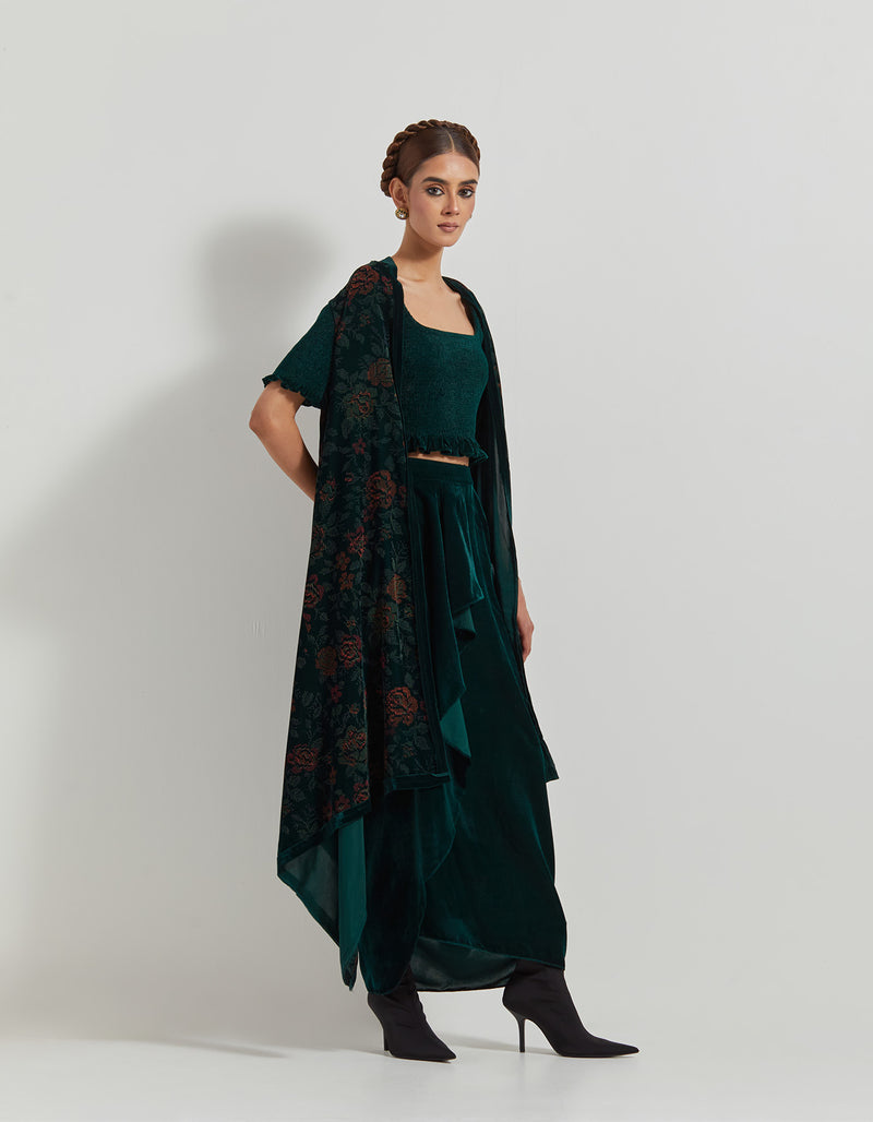 Bottle Green Velveteen Hand Block Printed Cape Paired With Drape Skirt And Stretch Ruched Blouse