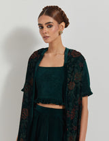 Bottle Green Velveteen Hand Block Printed Cape Paired With Drape Skirt And Stretch Ruched Blouse