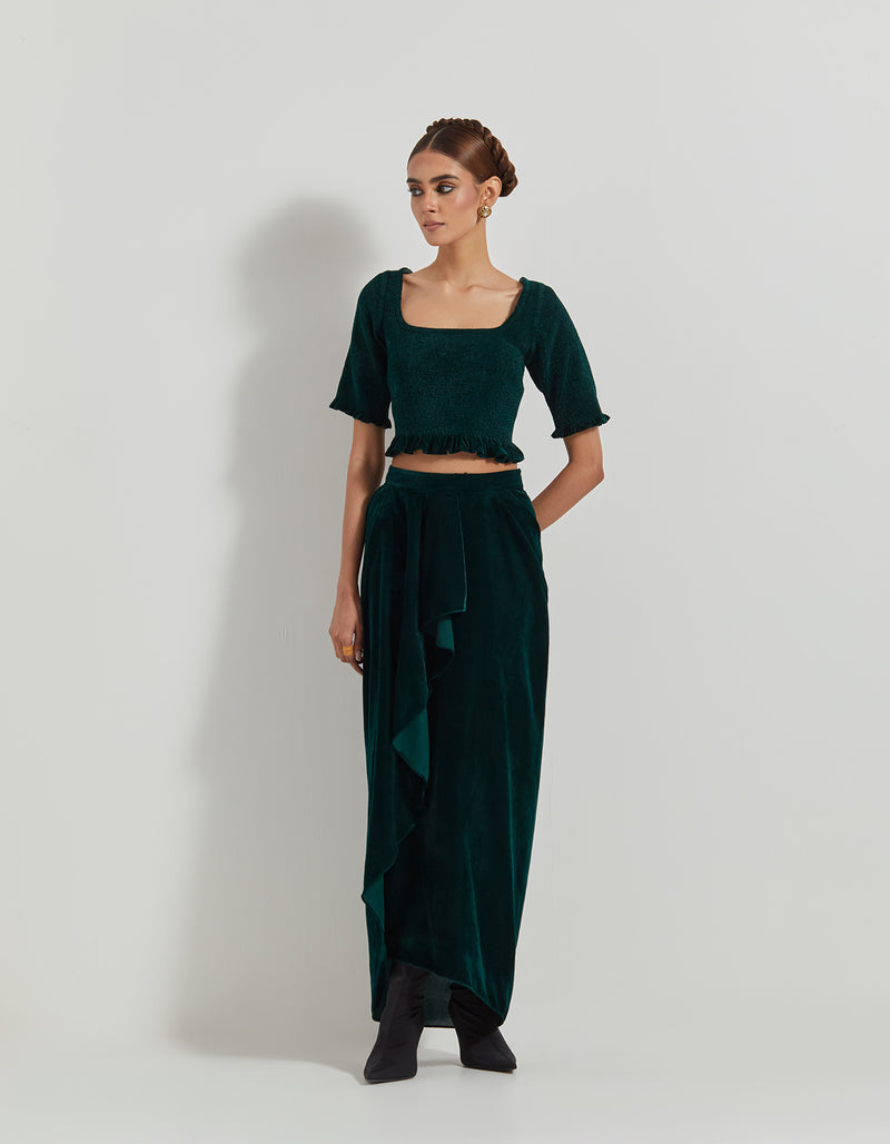 Bottle Green Velveteen Hand Block Printed Cape Paired With Drape Skirt And Stretch Ruched Blouse