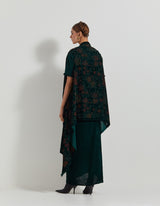 Bottle Green Velveteen Hand Block Printed Cape Paired With Drape Skirt And Stretch Ruched Blouse