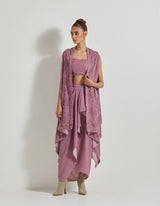 Lavender Velveteen Hand Block Printed Cape Paired With Drape Skirt And Stretch Ruched Blouse