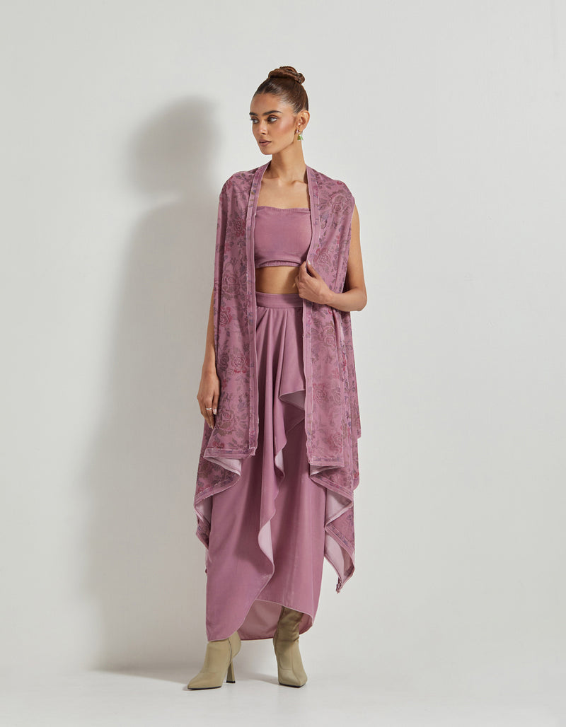 Lavender Velveteen Hand Block Printed Cape Paired With Drape Skirt And Stretch Ruched Blouse