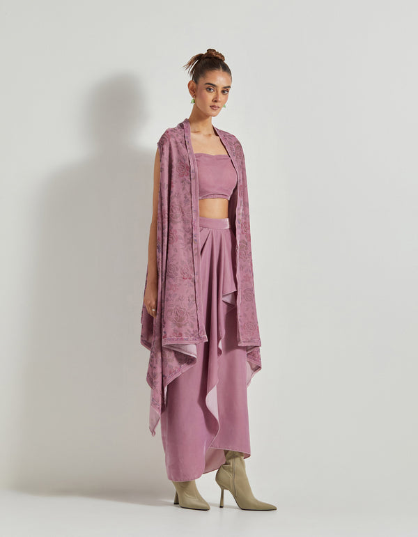 Lavender Velveteen Hand Block Printed Cape Paired With Drape Skirt And Stretch Ruched Blouse