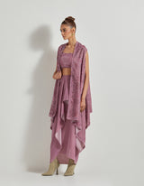 Lavender Velveteen Hand Block Printed Cape Paired With Drape Skirt And Stretch Ruched Blouse