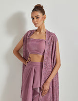 Lavender Velveteen Hand Block Printed Cape Paired With Drape Skirt And Stretch Ruched Blouse