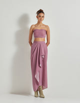 Lavender Velveteen Hand Block Printed Cape Paired With Drape Skirt And Stretch Ruched Blouse