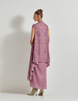 Lavender Velveteen Hand Block Printed Cape Paired With Drape Skirt And Stretch Ruched Blouse