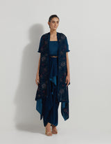 Velveteen Hand Block Printed Cape Paired With Drape Skirt And Stretch Ruched Blouse