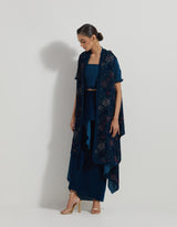 Velveteen Hand Block Printed Cape Paired With Drape Skirt And Stretch Ruched Blouse