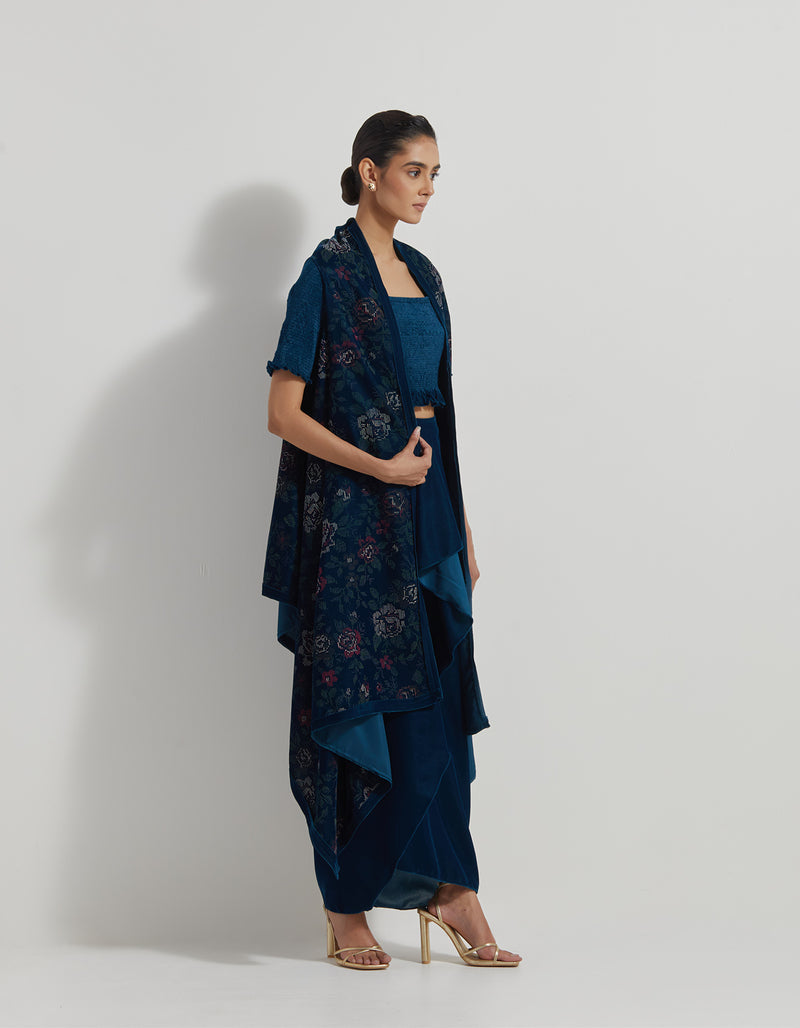 Velveteen Hand Block Printed Cape Paired With Drape Skirt And Stretch Ruched Blouse