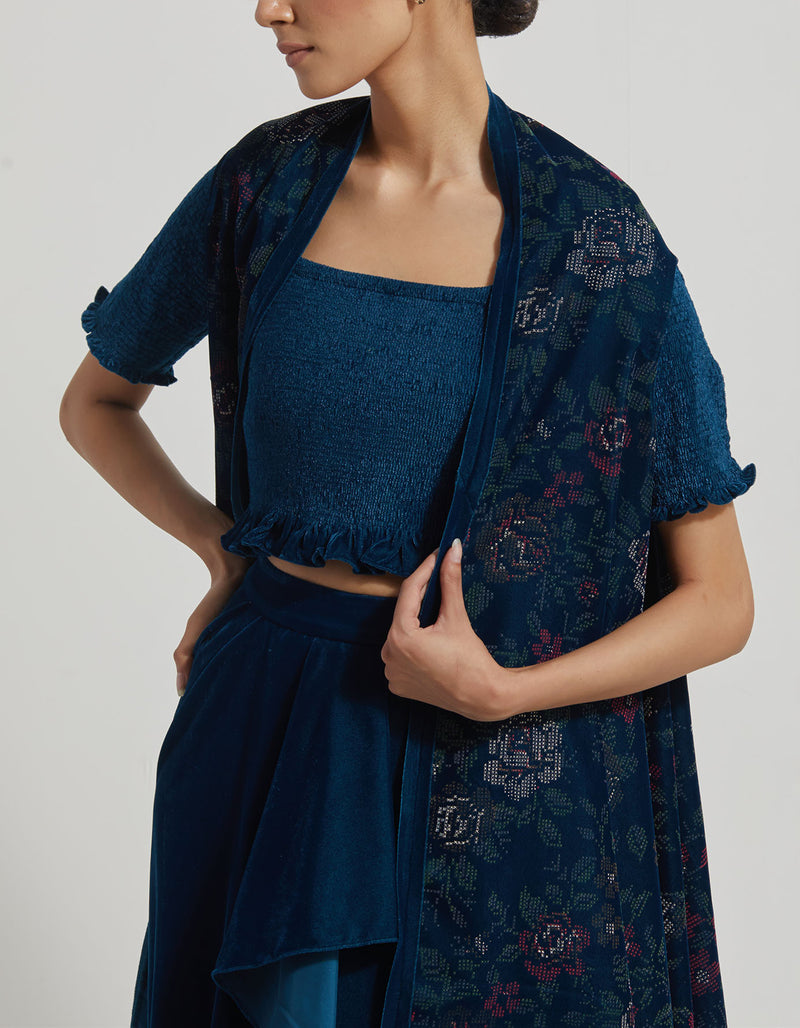 Velveteen Hand Block Printed Cape Paired With Drape Skirt And Stretch Ruched Blouse