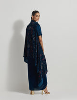 Velveteen Hand Block Printed Cape Paired With Drape Skirt And Stretch Ruched Blouse