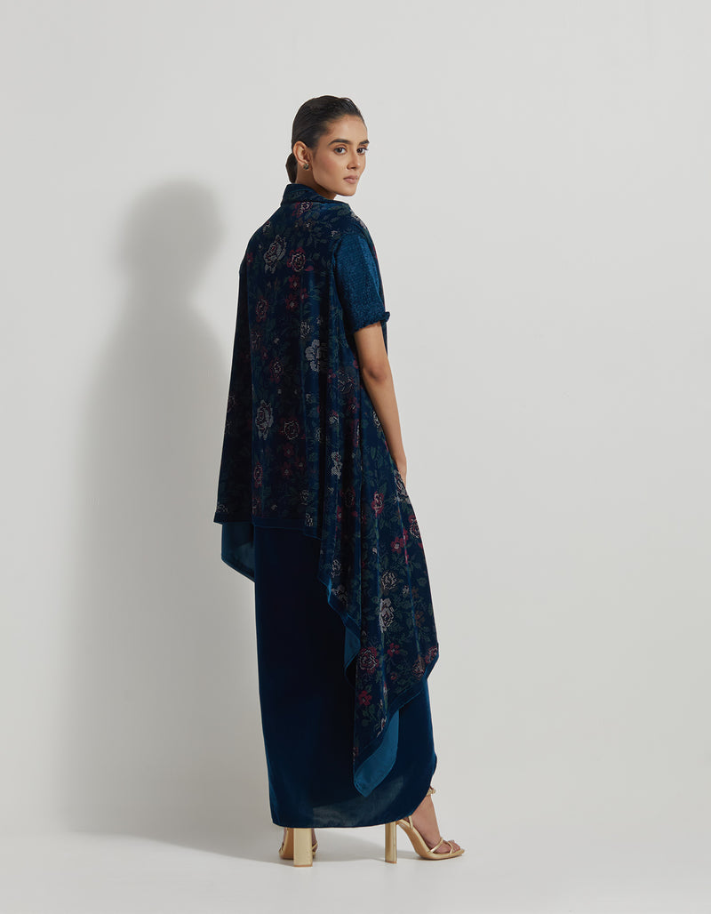 Velveteen Hand Block Printed Cape Paired With Drape Skirt And Stretch Ruched Blouse