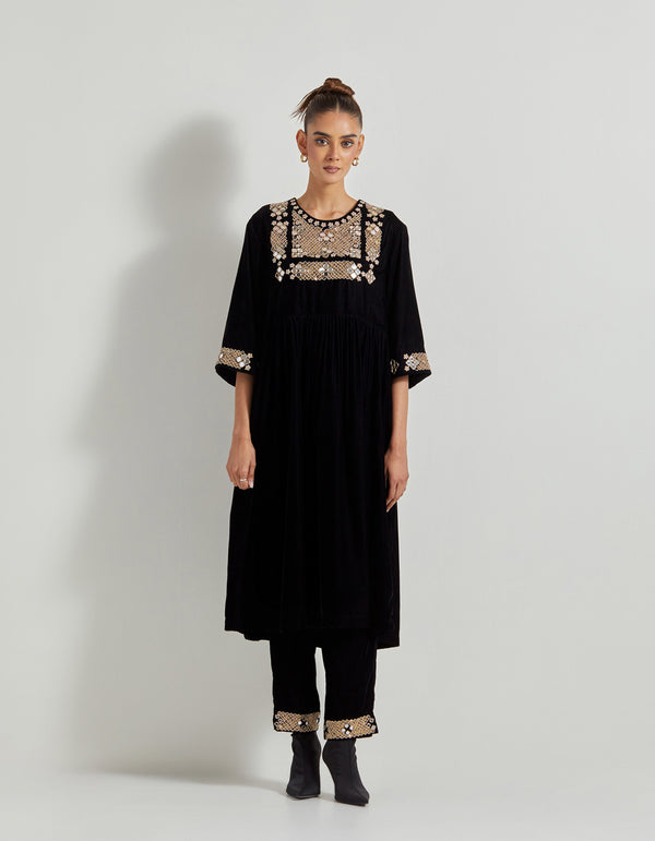 Black Velveteen Hand Embellished Tunic Paired With Embroidered Straight Pants