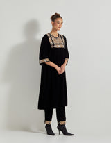 Black Velveteen Hand Embellished Tunic Paired With Embroidered Straight Pants