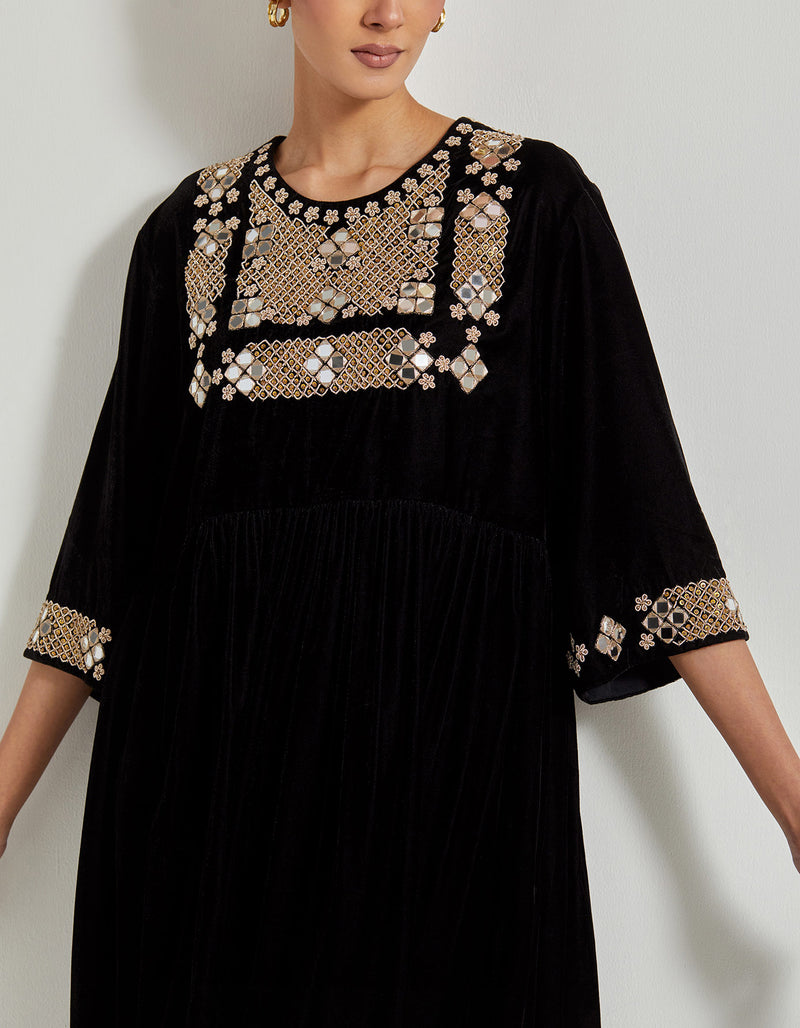 Black Velveteen Hand Embellished Tunic Paired With Embroidered Straight Pants