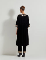 Black Velveteen Hand Embellished Tunic Paired With Embroidered Straight Pants