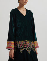 Teal Mirror Work And Cross Stitch Embridered Kaftan Velveteen Dress