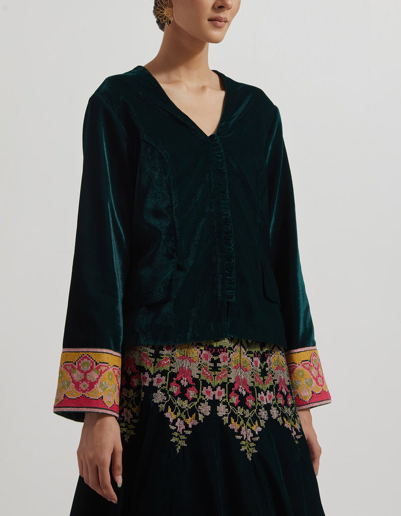 Teal Velveteen Top with Embroidered Skirt