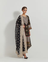 Black Velveteen Cross Stitch And Gota Patti Embroidered Kurta Paired With Organza Silk Dupatta