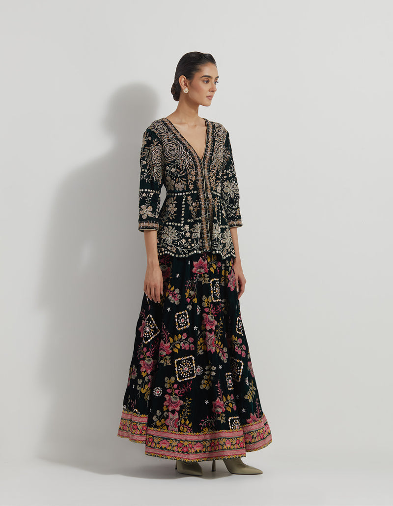 Black Velveteen Peplum Top Paired With Embroidered Cricular Velveteen Skirt