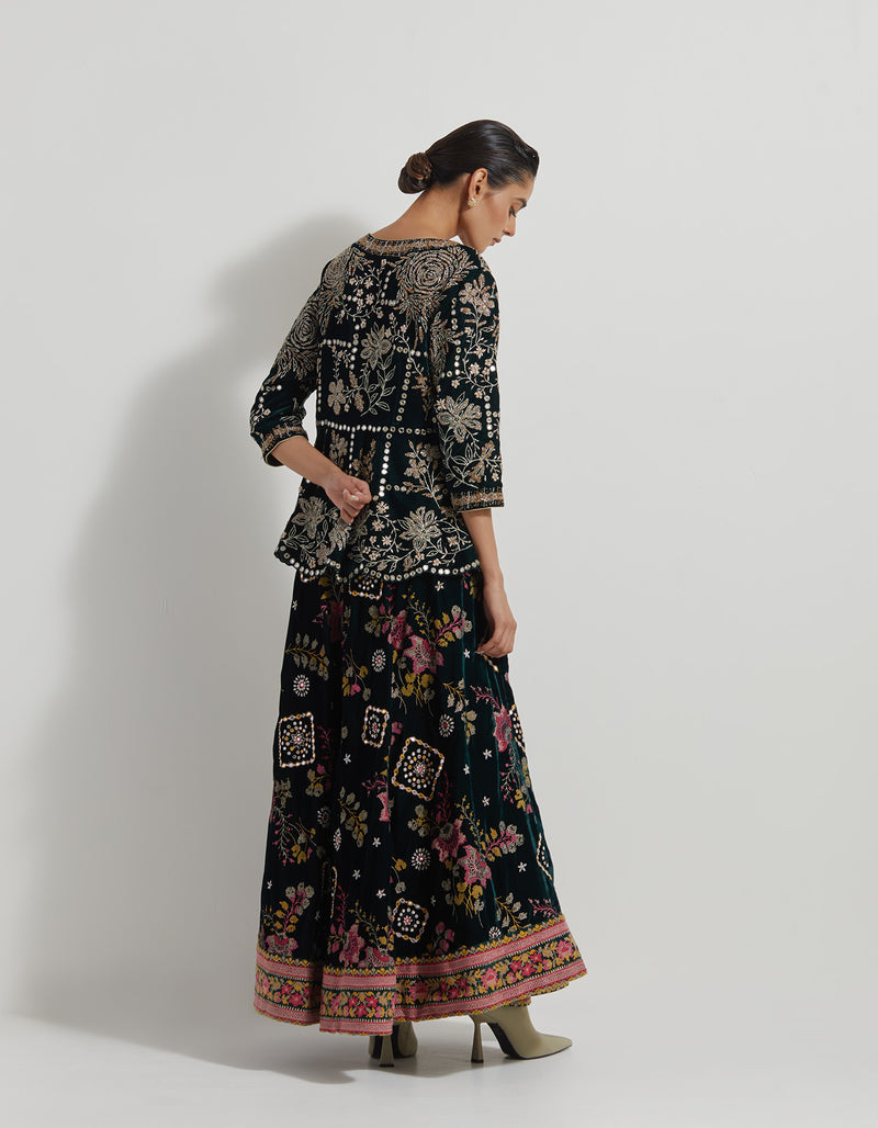 Black Velveteen Peplum Top Paired With Embroidered Cricular Velveteen Skirt