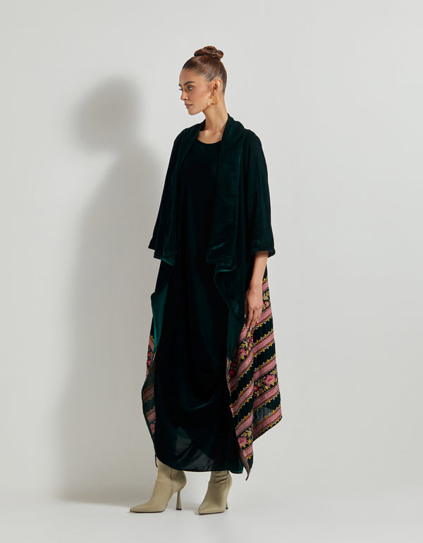 Bottle Green Velveteen Dress Paired With Cross Stitch Embroidered Cape