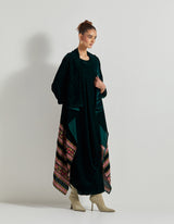 Bottle Green Velveteen Dress Paired With Cross Stitch Embroidered Cape